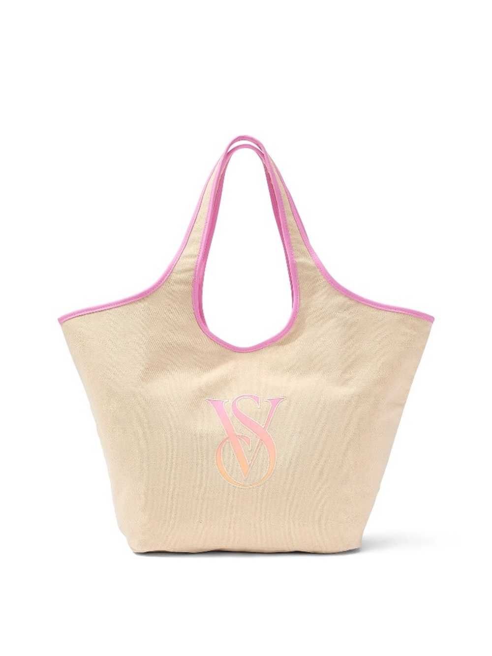 Victoria's Secret Canvas Tote Bag Ombre VS Logo Lined Snaps Closed Ivory & Pink